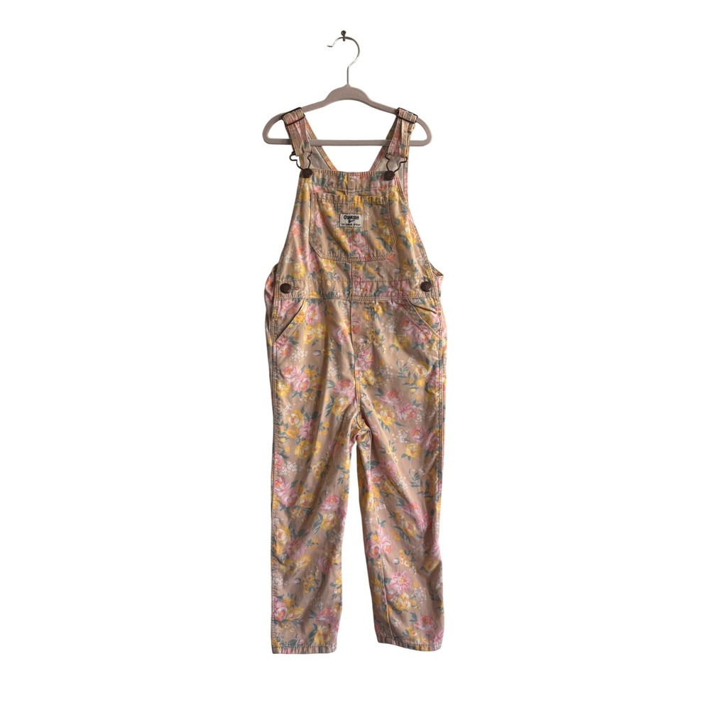 OshKosh Bgosh Girls 5T Floral Canvas Overalls Pink Yellow Tan Botanical Print